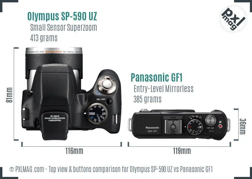 Olympus SP-590 UZ vs Panasonic GF1 top view buttons comparison