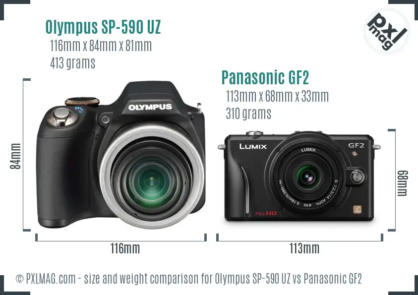 Olympus SP-590 UZ vs Panasonic GF2 size comparison