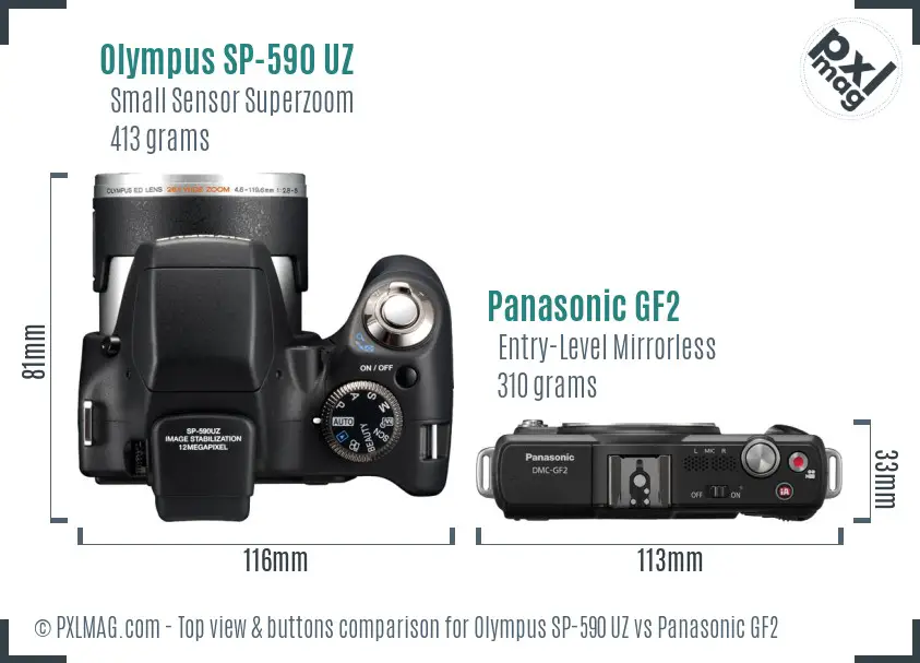 Olympus SP-590 UZ vs Panasonic GF2 top view buttons comparison