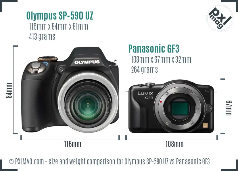 Olympus SP-590 UZ vs Panasonic GF3 size comparison