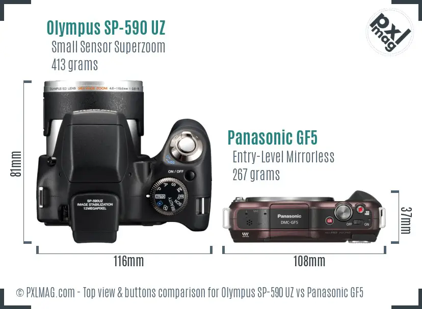 Olympus SP-590 UZ vs Panasonic GF5 top view buttons comparison