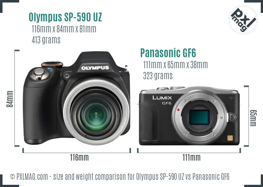 Olympus SP-590 UZ vs Panasonic GF6 size comparison