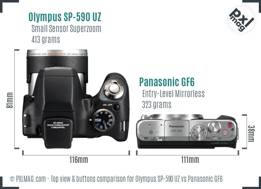 Olympus SP-590 UZ vs Panasonic GF6 top view buttons comparison