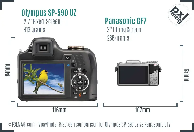 Olympus SP-590 UZ vs Panasonic GF7 Screen and Viewfinder comparison
