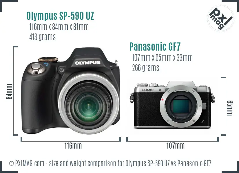 Olympus SP-590 UZ vs Panasonic GF7 size comparison