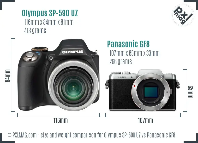 Olympus SP-590 UZ vs Panasonic GF8 size comparison