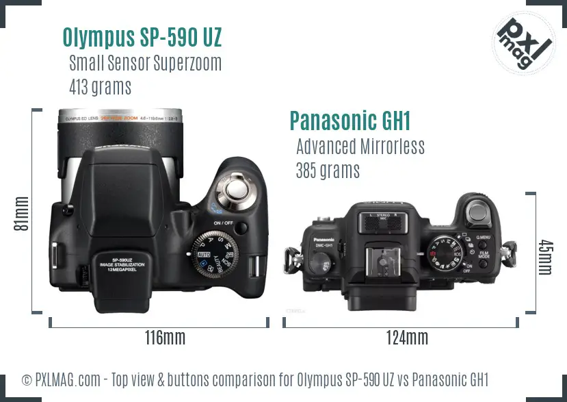 Olympus SP-590 UZ vs Panasonic GH1 top view buttons comparison