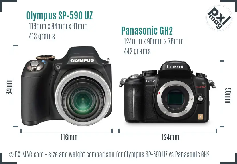 Olympus SP-590 UZ vs Panasonic GH2 size comparison
