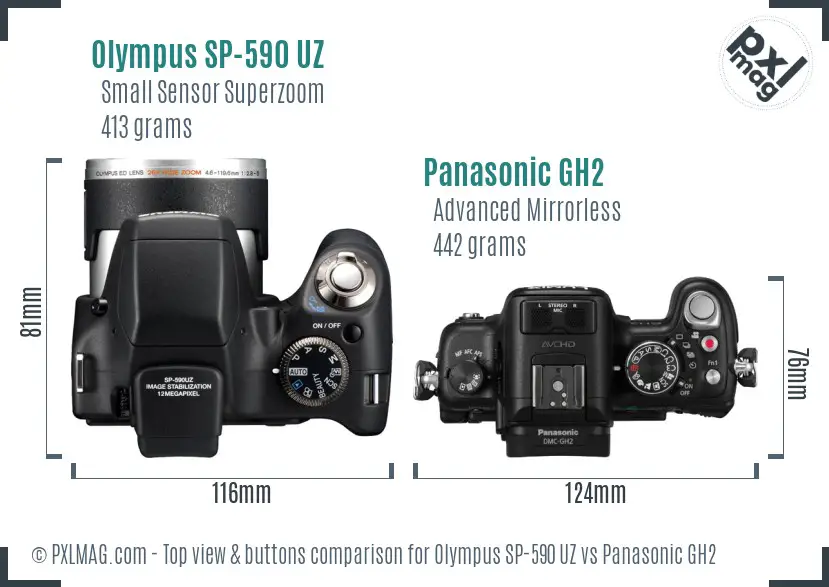 Olympus SP-590 UZ vs Panasonic GH2 top view buttons comparison