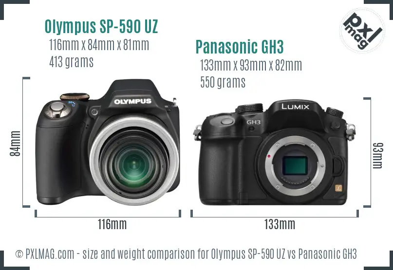 Olympus SP-590 UZ vs Panasonic GH3 size comparison