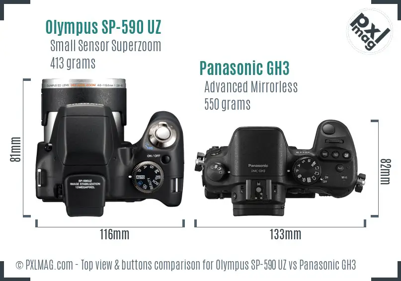 Olympus SP-590 UZ vs Panasonic GH3 top view buttons comparison