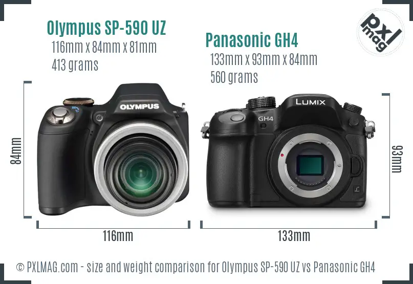 Olympus SP-590 UZ vs Panasonic GH4 size comparison