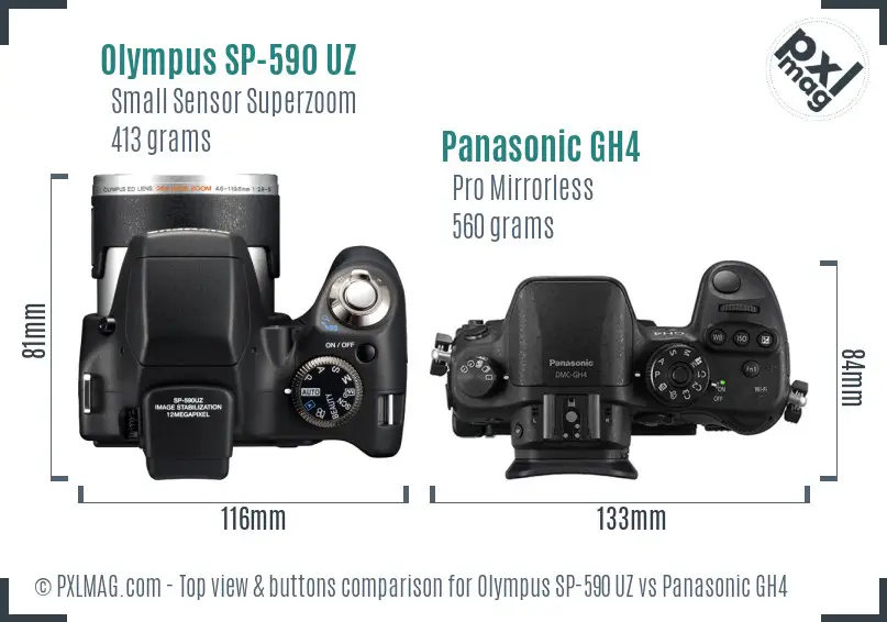 Olympus SP-590 UZ vs Panasonic GH4 top view buttons comparison