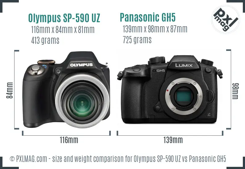 Olympus SP-590 UZ vs Panasonic GH5 size comparison
