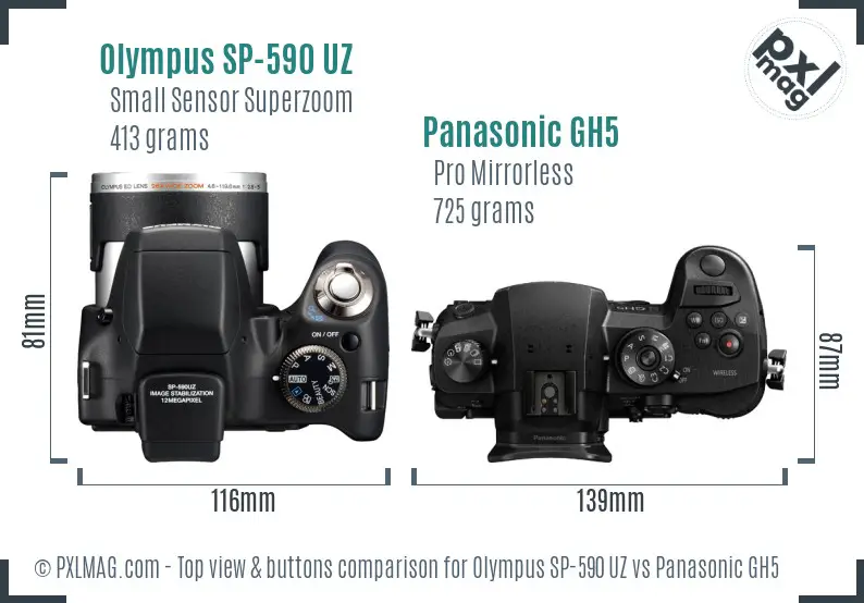 Olympus SP-590 UZ vs Panasonic GH5 top view buttons comparison