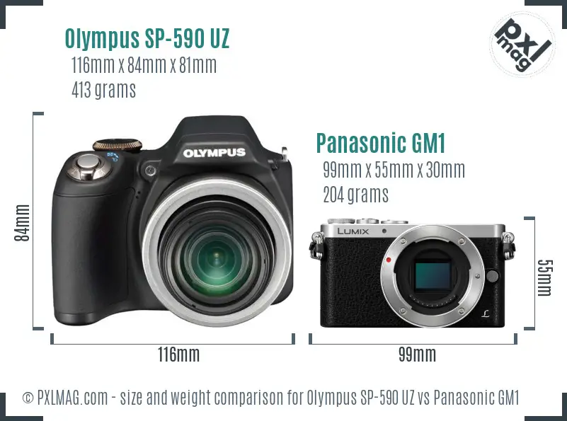 Olympus SP-590 UZ vs Panasonic GM1 size comparison