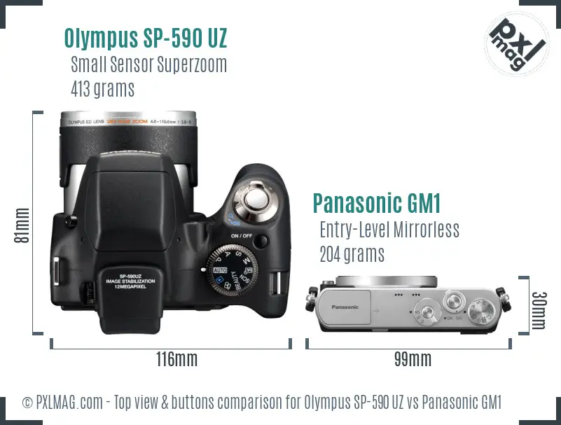 Olympus SP-590 UZ vs Panasonic GM1 top view buttons comparison