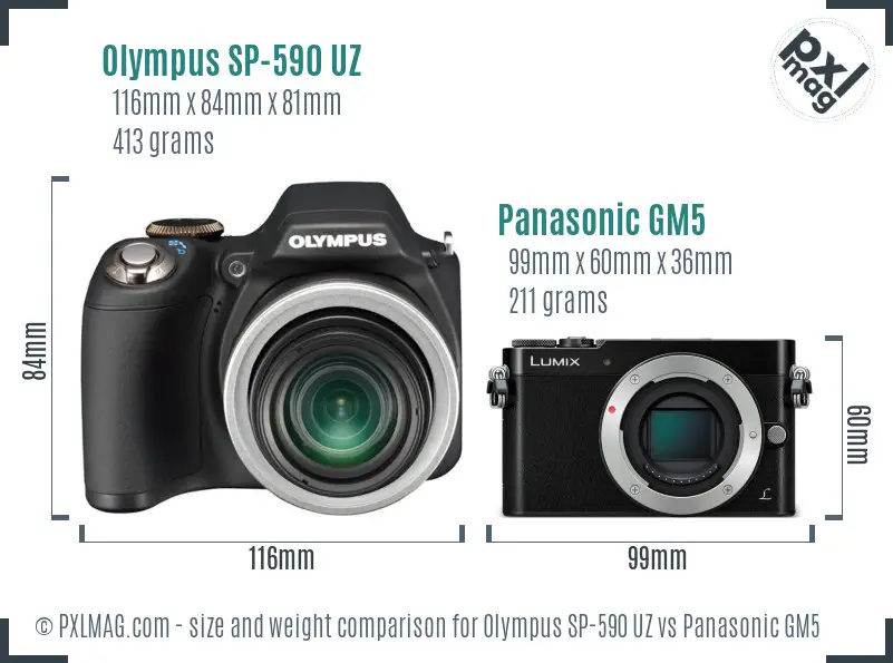 Olympus SP-590 UZ vs Panasonic GM5 size comparison