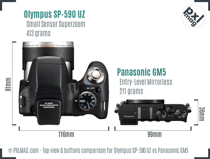 Olympus SP-590 UZ vs Panasonic GM5 top view buttons comparison