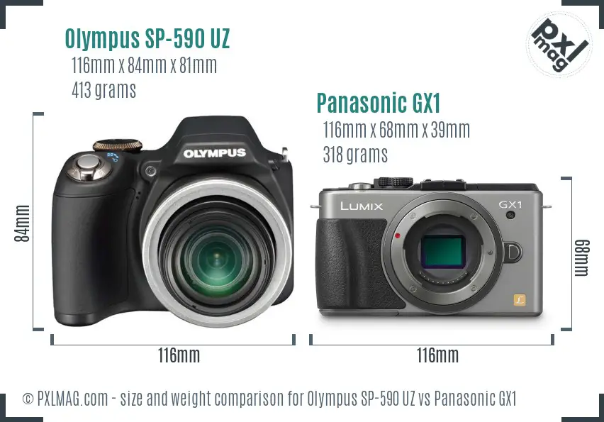 Olympus SP-590 UZ vs Panasonic GX1 size comparison
