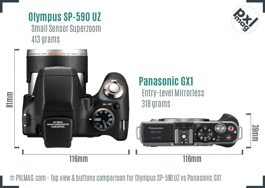 Olympus SP-590 UZ vs Panasonic GX1 top view buttons comparison