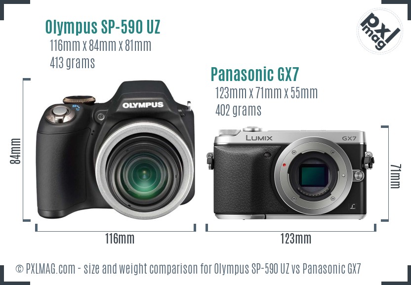 Olympus SP-590 UZ vs Panasonic GX7 size comparison