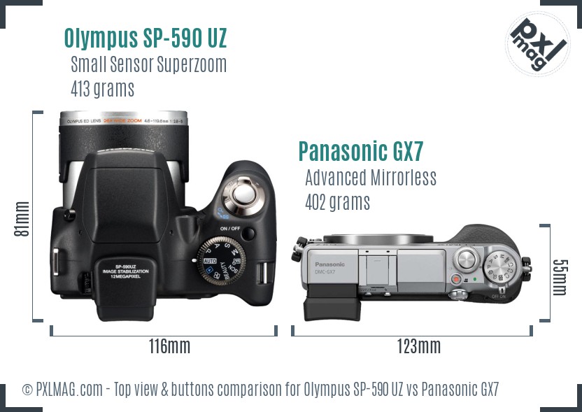 Olympus SP-590 UZ vs Panasonic GX7 top view buttons comparison