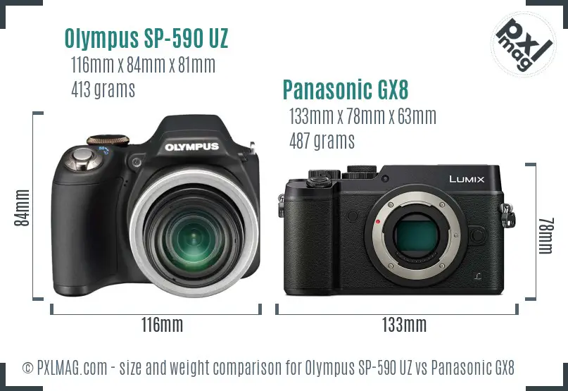 Olympus SP-590 UZ vs Panasonic GX8 size comparison