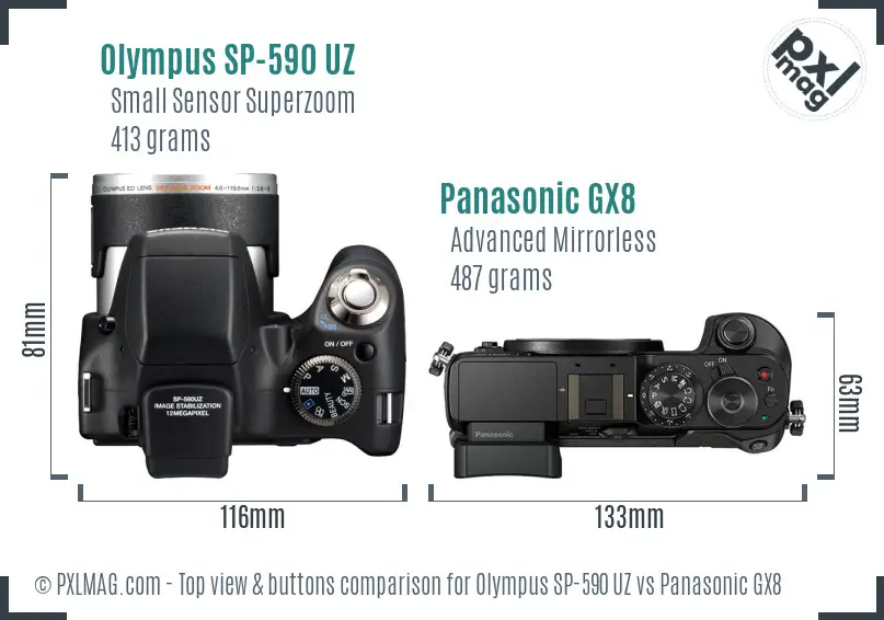 Olympus SP-590 UZ vs Panasonic GX8 top view buttons comparison