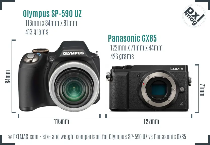Olympus SP-590 UZ vs Panasonic GX85 size comparison