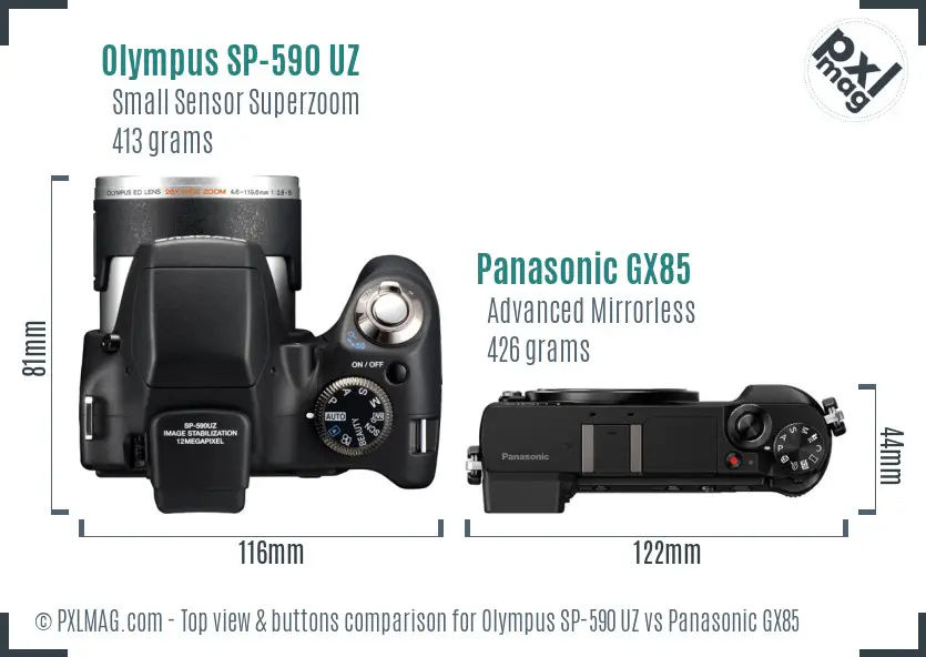 Olympus SP-590 UZ vs Panasonic GX85 top view buttons comparison