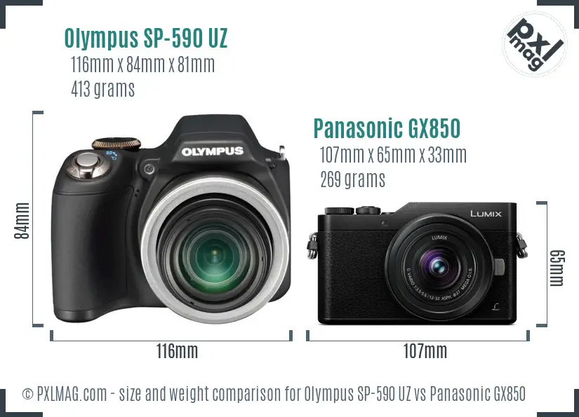 Olympus SP-590 UZ vs Panasonic GX850 size comparison