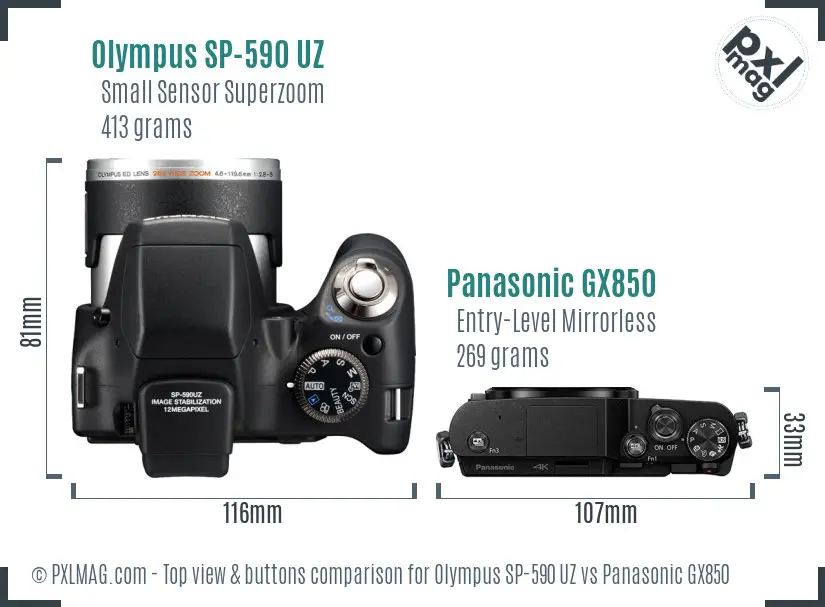 Olympus SP-590 UZ vs Panasonic GX850 top view buttons comparison