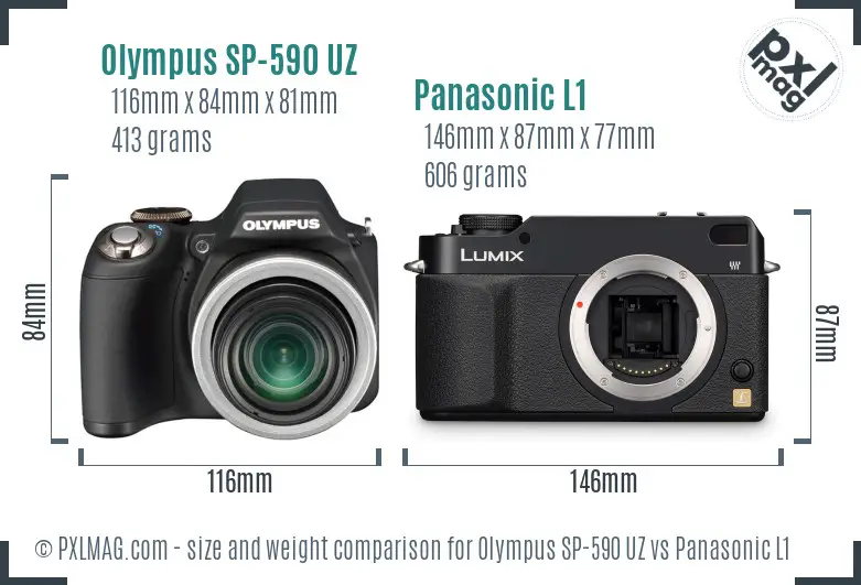 Olympus SP-590 UZ vs Panasonic L1 size comparison