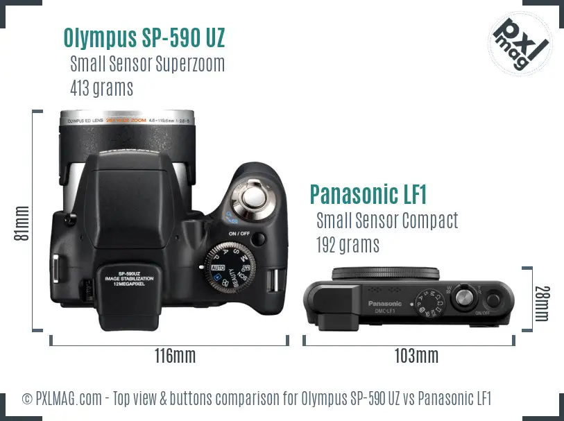 Olympus SP-590 UZ vs Panasonic LF1 top view buttons comparison