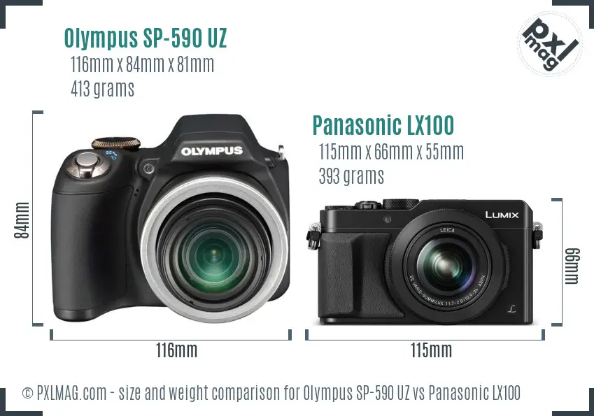 Olympus SP-590 UZ vs Panasonic LX100 size comparison