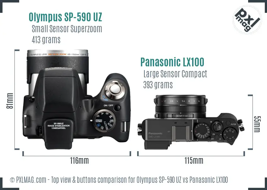 Olympus SP-590 UZ vs Panasonic LX100 top view buttons comparison