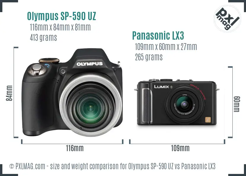 Olympus SP-590 UZ vs Panasonic LX3 size comparison