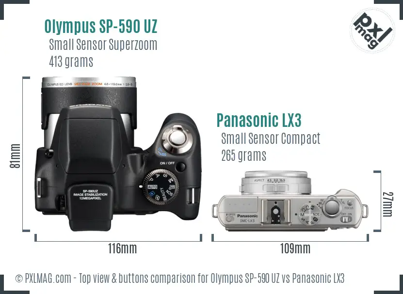Olympus SP-590 UZ vs Panasonic LX3 top view buttons comparison