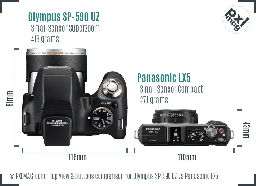 Olympus SP-590 UZ vs Panasonic LX5 top view buttons comparison