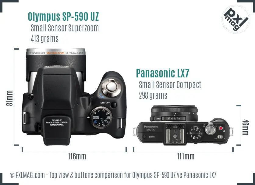 Olympus SP-590 UZ vs Panasonic LX7 top view buttons comparison