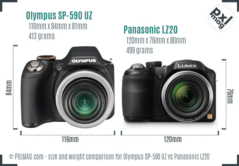 Olympus SP-590 UZ vs Panasonic LZ20 size comparison