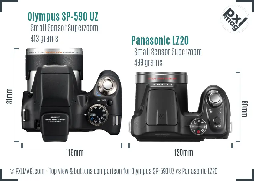 Olympus SP-590 UZ vs Panasonic LZ20 top view buttons comparison
