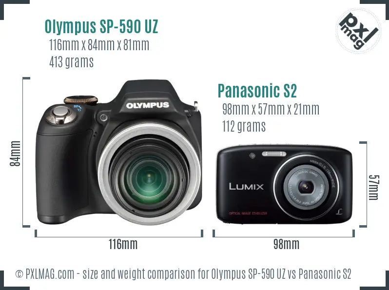 Olympus SP-590 UZ vs Panasonic S2 size comparison