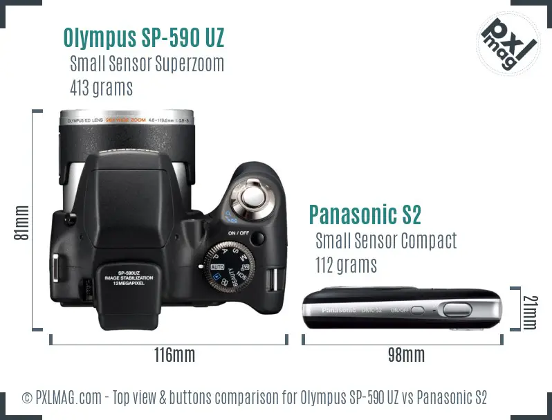 Olympus SP-590 UZ vs Panasonic S2 top view buttons comparison