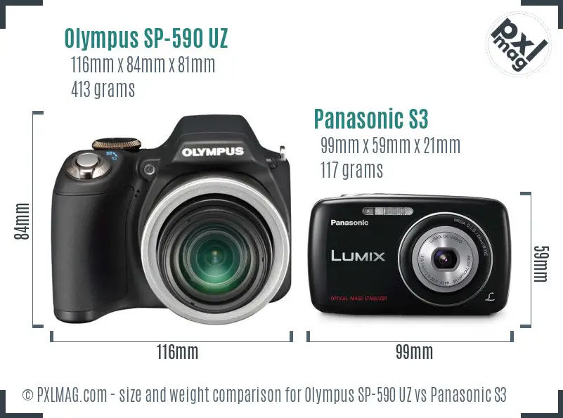 Olympus SP-590 UZ vs Panasonic S3 size comparison