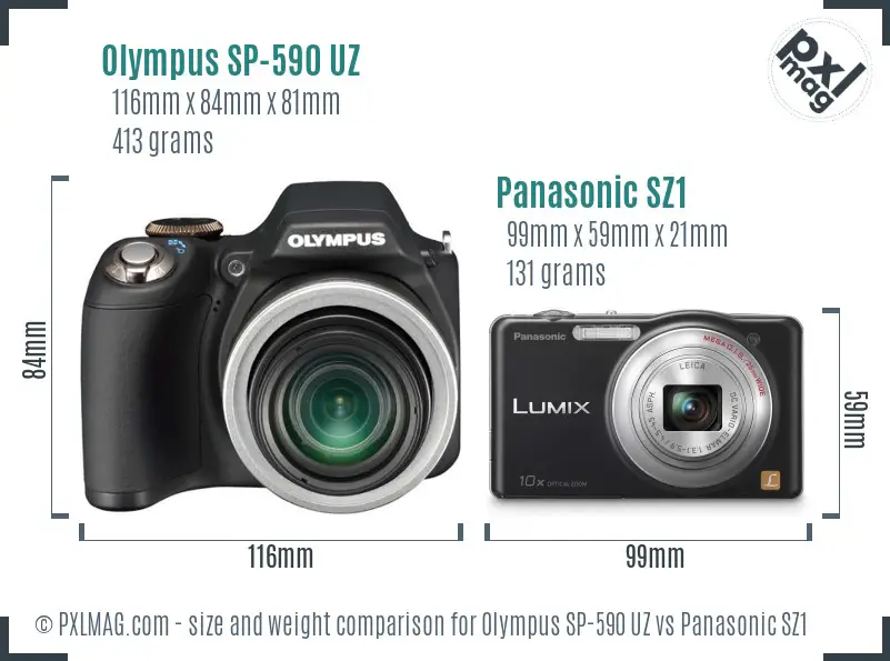 Olympus SP-590 UZ vs Panasonic SZ1 size comparison