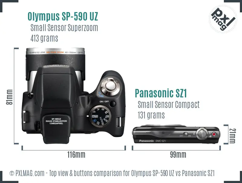 Olympus SP-590 UZ vs Panasonic SZ1 top view buttons comparison