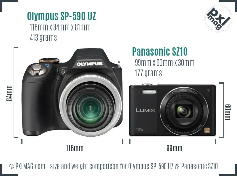 Olympus SP-590 UZ vs Panasonic SZ10 size comparison