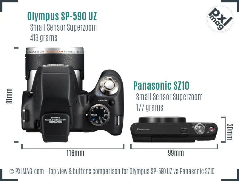 Olympus SP-590 UZ vs Panasonic SZ10 top view buttons comparison